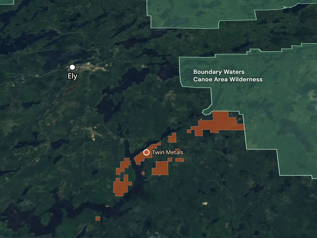 Satellite map near Ely, Minnesota, showing Twin Metals mineral lease parcels in orange reaching the edge of the Boundary Waters Canoe Area Wilderness