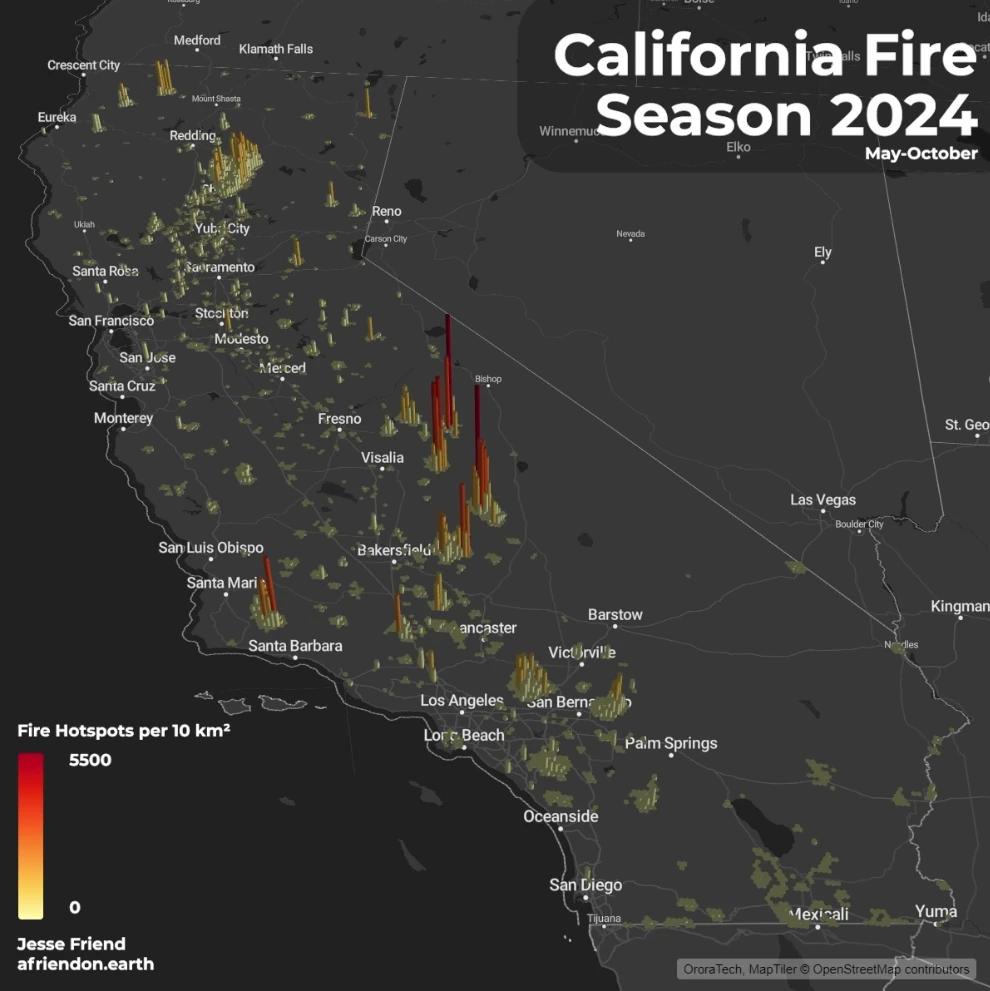 Dark 3D map of California with hexagon columns showing satellite fire hotspot detections from May to October 2024