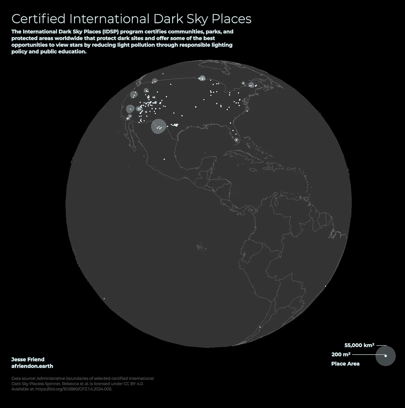 Dark globe with glowing points and translucent halos marking certified International Dark Sky Places, concentrated in North America and Europe