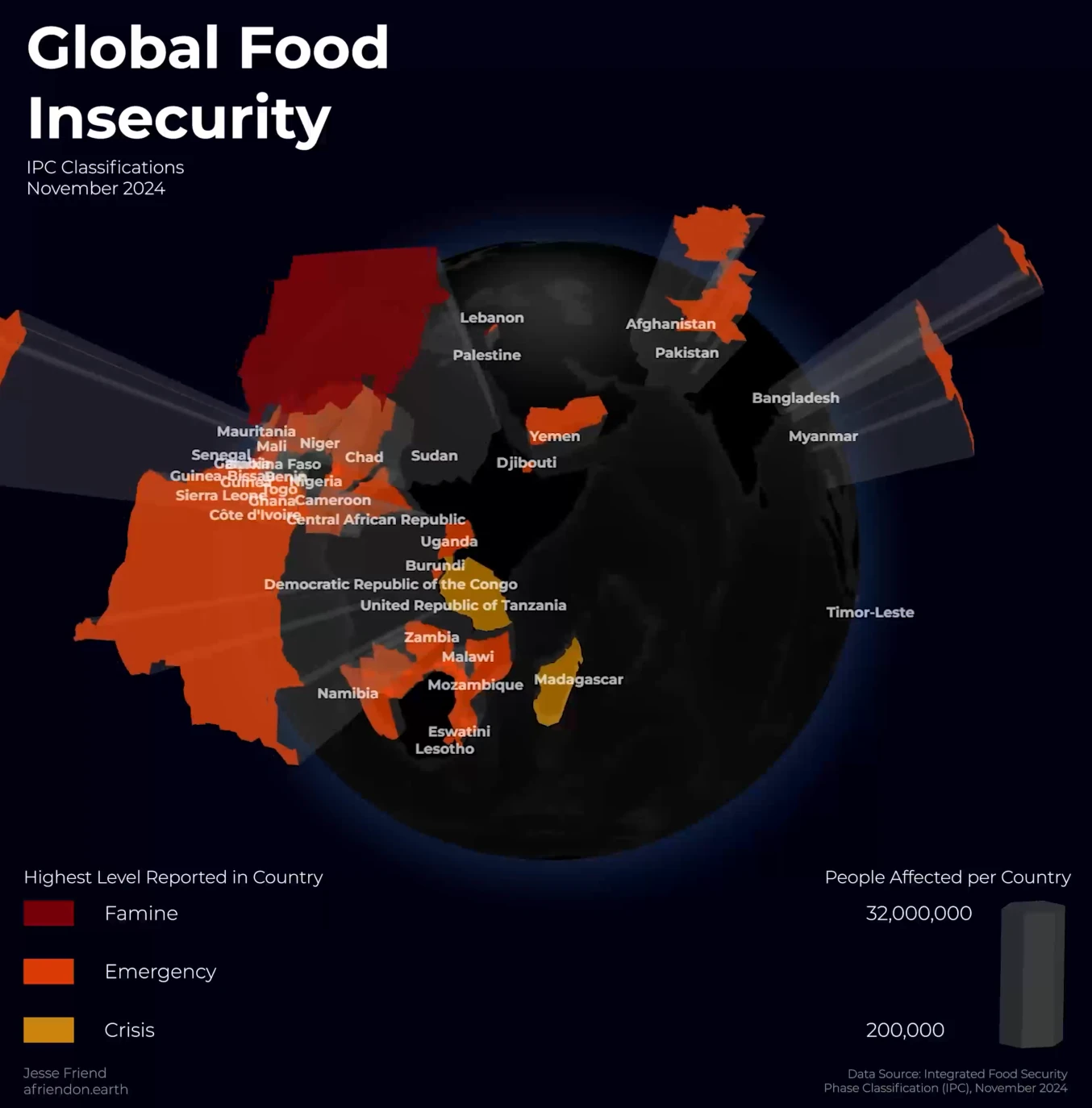 Dark globe centered on Africa and the Middle East, with countries colored by IPC food insecurity phase and extruded by the number of people affected