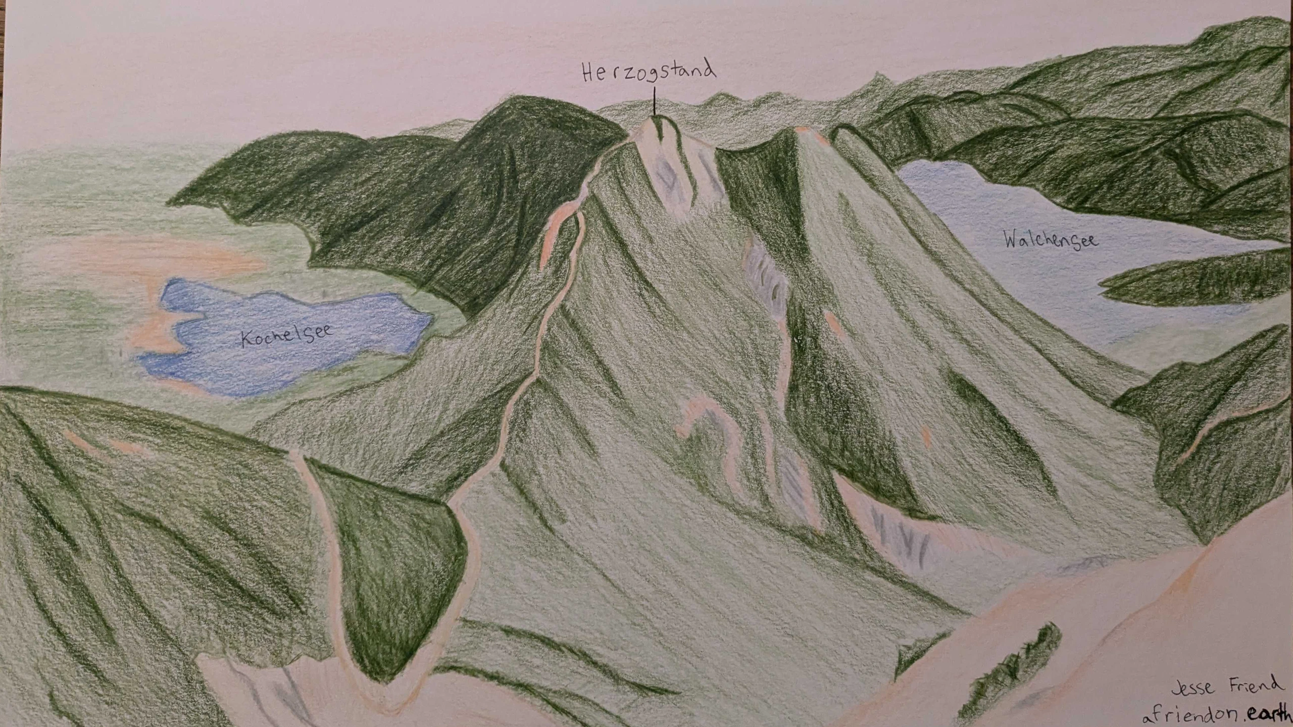 A colored-pencil panorama looking from Heimgarten toward Herzogstand and the nearby lakes