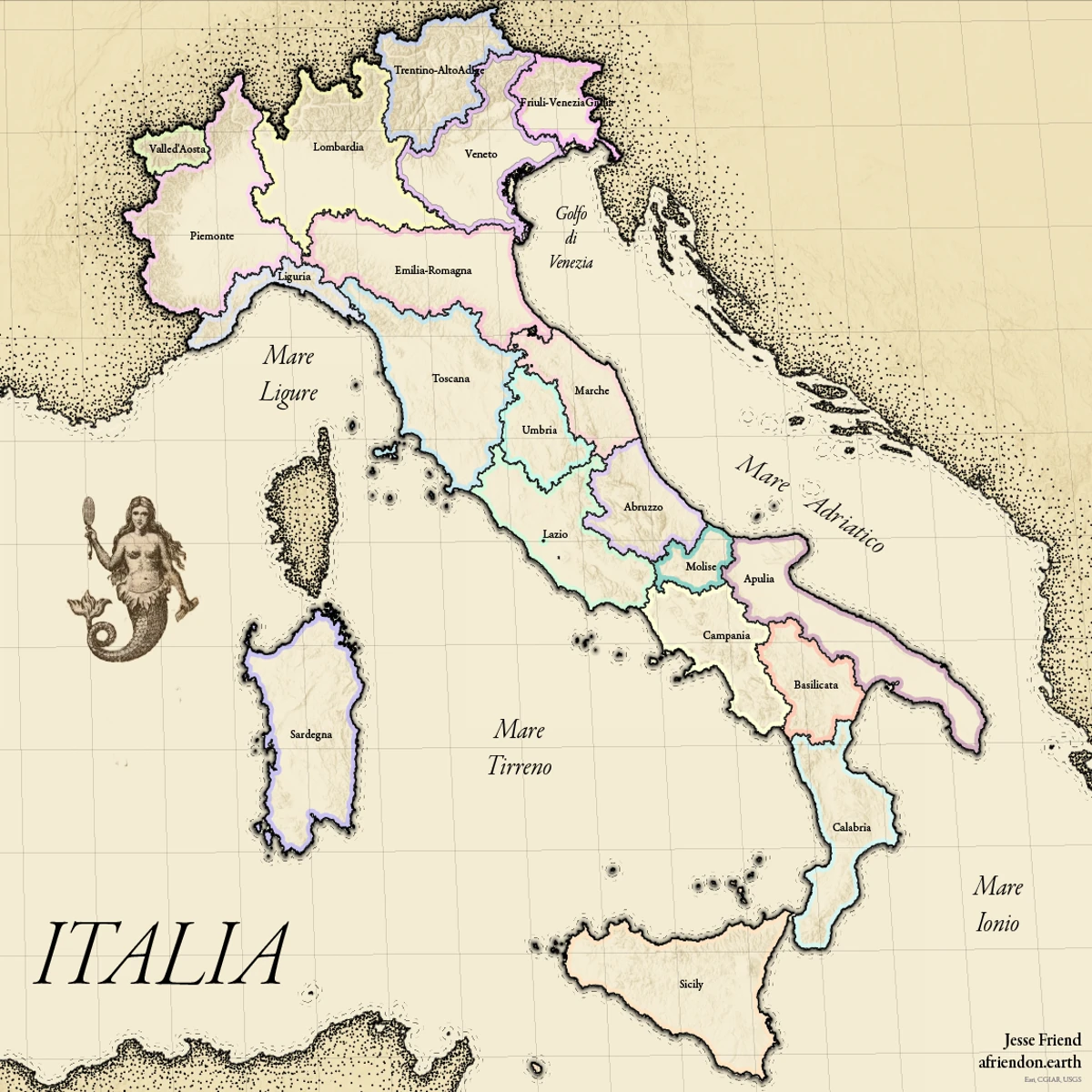 A vintage-style map of the Italian peninsula, with traditional cartographic details