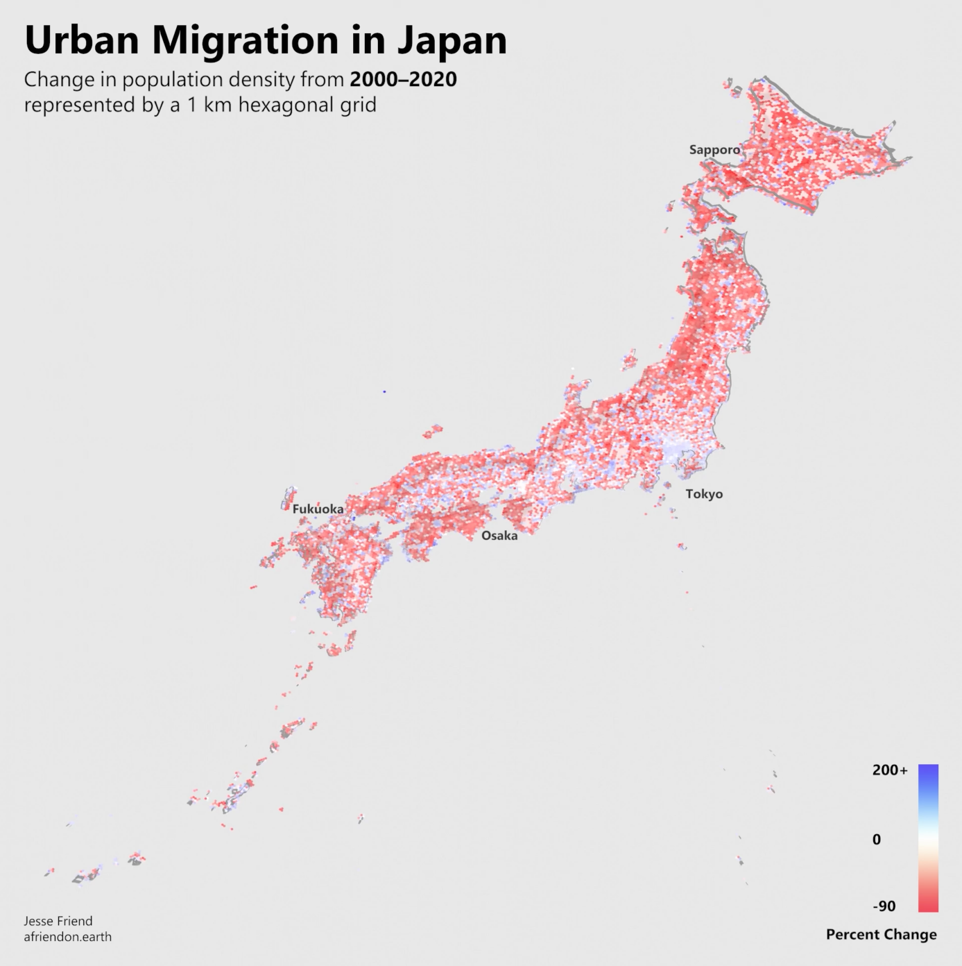 Population-density change across Japan, mapped between 2000 and 2020