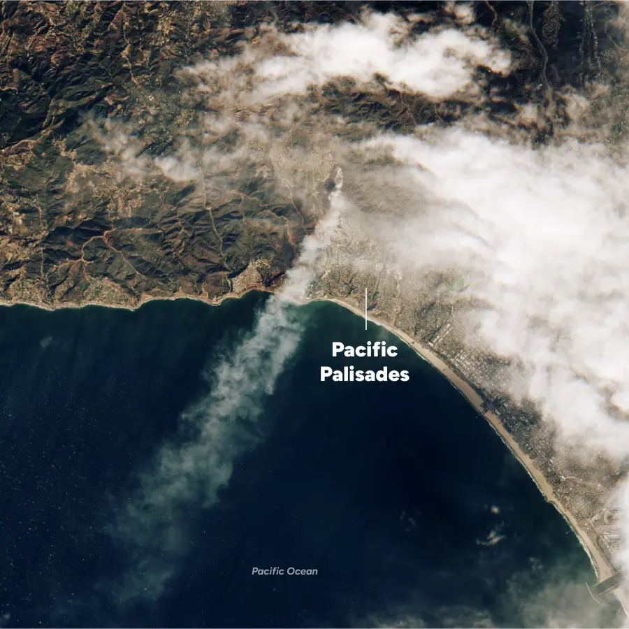 Sentinel-2 satellite imagery of smoke from the Palisades Fire along the Los Angeles coastline
