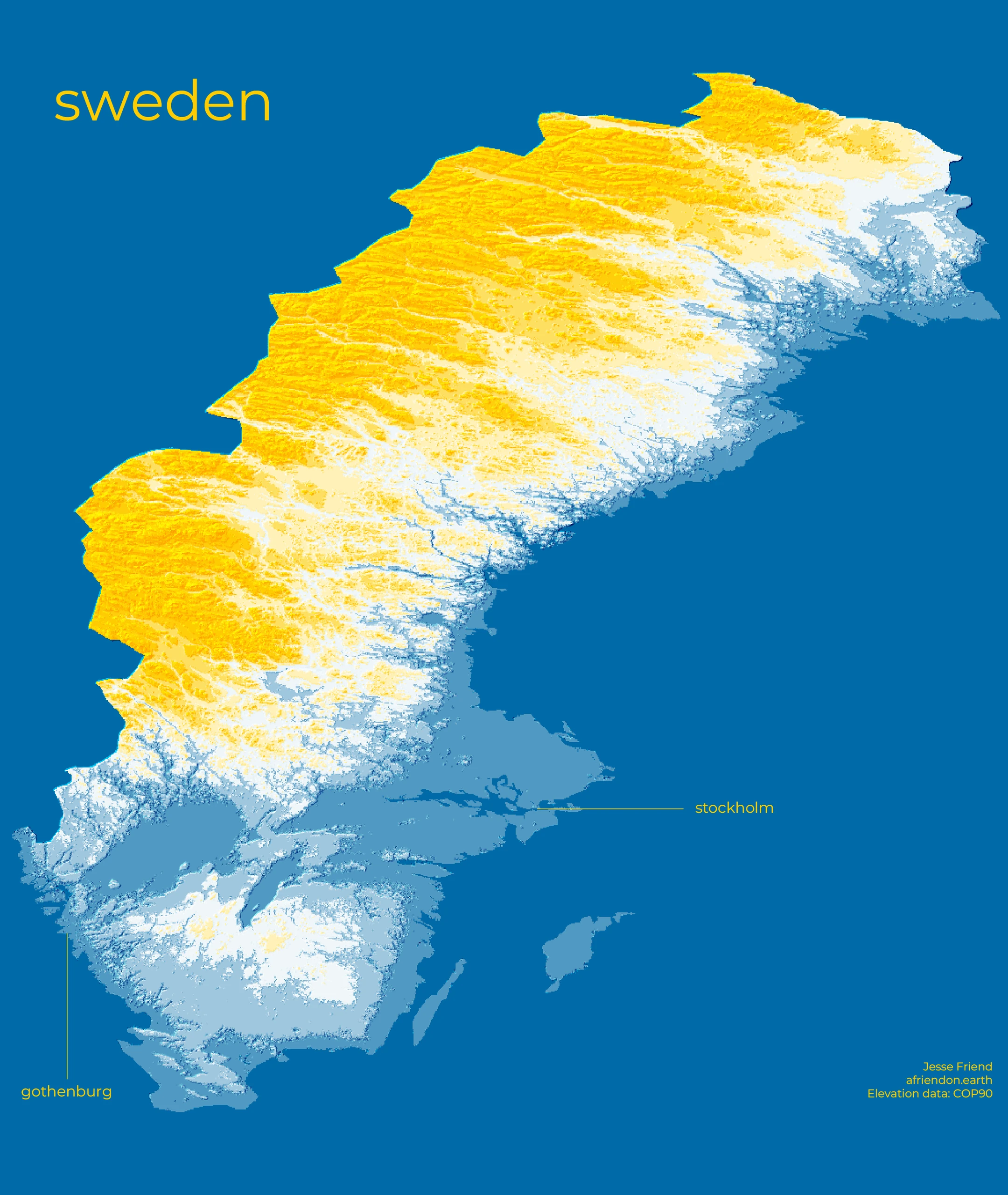 A relief map of Sweden with terrain contours and city labels
